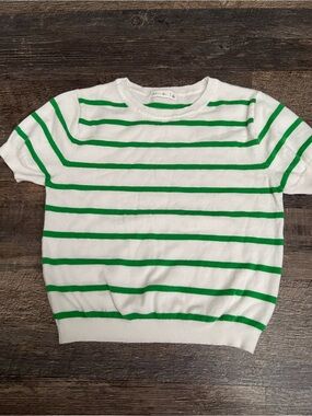 White & Green Striped Short Sleeve Sweater top